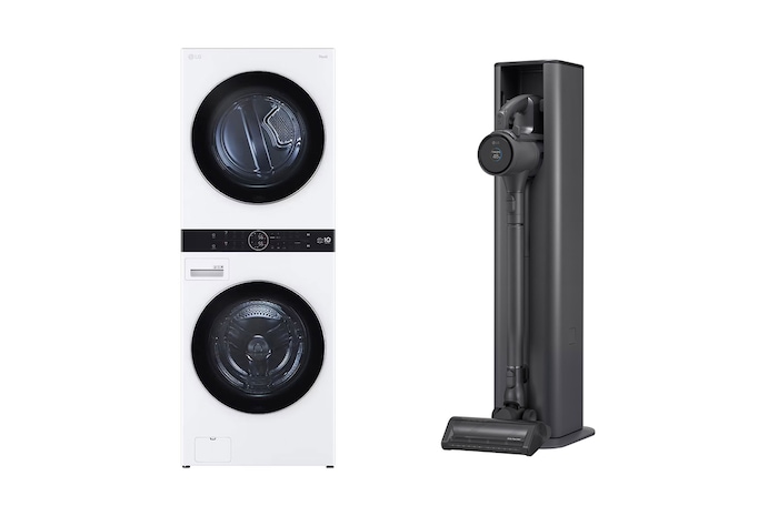 LG غسالة ومجفف وحدة واحدة| 21 كجم | تحميل أمامي | مع لوحة تحكم بالمنتصف | AI DD | TurboWash™ 360 | ™+Steam | لوحة التحكم باللغة العربية فقط + LG CordZero™ A9Kompressor، محطة شحن ذاتية التفريغ، مكنسة كهربائية يدوية, WK2116WHT1.A9XULTR